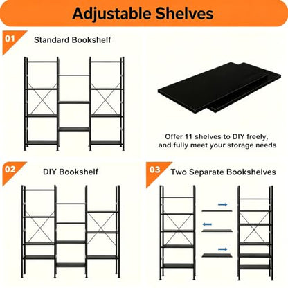 HealSmart Triple Column 4 Tier Bookshelf, Industrial Bookcase with 11 Open Display Adjustable Shelves, Wide Convertible Display Modern Bookshelf for Living Room & Home Office, Black - color: Black, size: 4-Tier＆3-Row