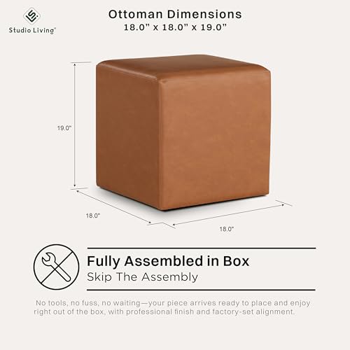 Studio Living Warren 18" Cube Ottoman, Urban Transitional, Fully Assembled, Vegan Leather Fabric, Carmel - color: Caramel