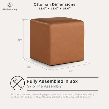 Studio Living Warren 18" Cube Ottoman, Urban Transitional, Fully Assembled, Vegan Leather Fabric, Carmel - color: Caramel
