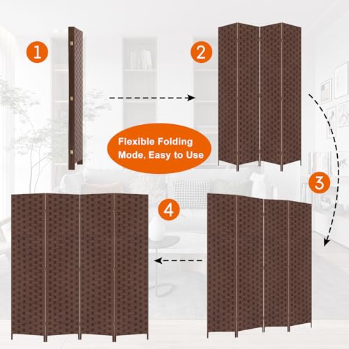 BLKMTY Room Divider, 6ft Folding Privacy Screens, Wall Divider Portable Room Seperating Freestanding Wood Screen, 4 Panels Hand-Woven Design Screen Double Hinged Dividers for Bedroom, Brown - color: Brown