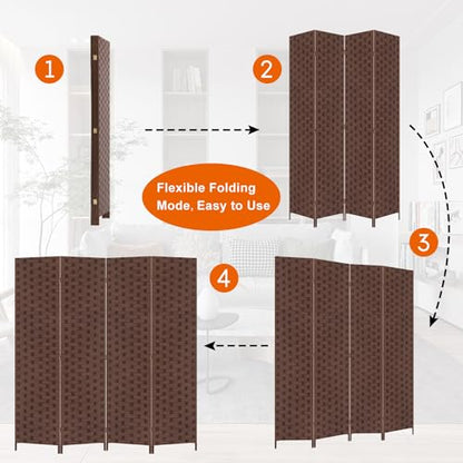BLKMTY Room Divider, 6ft Folding Privacy Screens, Wall Divider Portable Room Seperating Freestanding Wood Screen, 4 Panels Hand-Woven Design Screen Double Hinged Dividers for Bedroom, Brown - color: Brown
