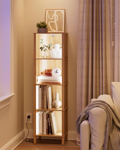 Bookshelf with LED Lights, Modern 4-Tier Bookcase, Open Storage Book Shelf, 11 × 14.2 × 50.4 Inches, Small Narrow Bookshelves for Living Room, Home Office, Bedroom, Natural - color: Natural