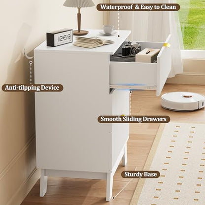 Fluted Nightstand with 3 Large Drawers, Wooden Side End Table with Elevated Legs for Easy Cleaning, Sturdy Modern Beside Table for Small Space, Bedroom, White, 24" L - color: White