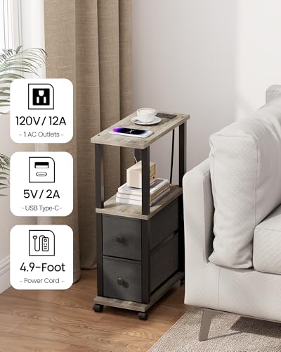 TUTOTAK Small Narrow End Tables, LED Side Tables with 2 Fabric Drawers, Set of 2, Bedside Tables with Charging Station for Small Spaces, Slim Nightstands with USB Ports and Wheels, TB01BG053L - color: Greige, style: with LED Light & Outlets