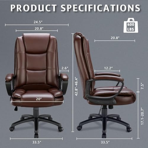 Adjustable High Back PU Leather Executive Office Chair, Brown | Ideal for office or home, 360° swivel, padded armrests, pneumatic height adjustment, Durable PU leather for long sitting - color: Brown