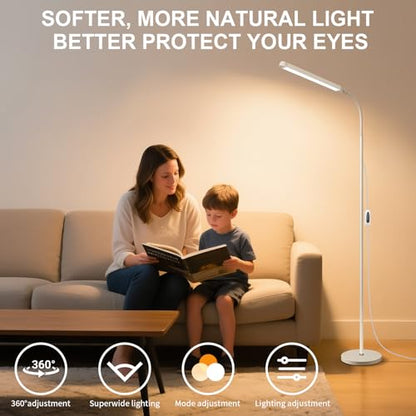 White LED Reading Floor Lamp, Bright 12W Dimmable Standing Light, Adjustable Gooseneck,3 Color Temperatures 5 Gears Brightness, Living Room Bedroom office Library Work makeup tattoo lash Desk Lamp - color: White