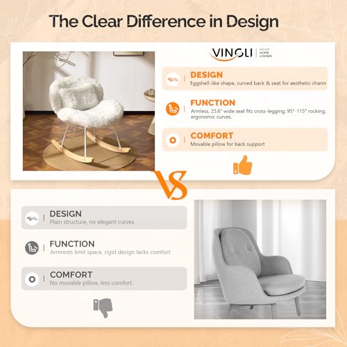 VINGLI 25.6" Extra Wide Criss Cross Nursery Rocking Chair,Cute Curved 115° Reclining Armless Glider,Plush Small Rocker w/Pillow & Solid Wood for Indoor,Bedroom, Living Room,Fluffy Fleece,White - color: Fluffy-white