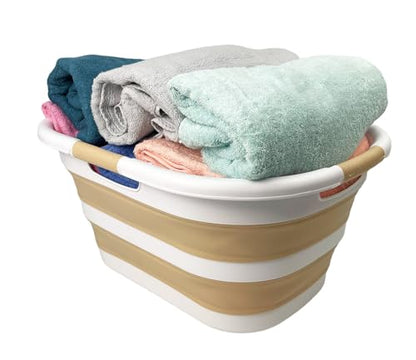 SAMMART 40L (10.5 gallon) Collapsible Plastic Laundry Hamper - Foldable Pop Up Storage Container/Organizer - Portable Washing Tub - Space Saving Basket (1, White/Beige) - color: White/Beige
