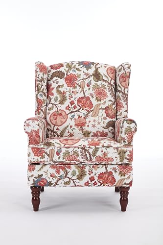 GDFStudio Modern Wingback Accent Chair with Solid Wood Legs and Cushion, Comfy Upholstered Floral Pattern Armchair, Retro Leisure Single Sofa Chair for Living Room Bedroom Home, Bean Paste Red - color: Bean Paste Red