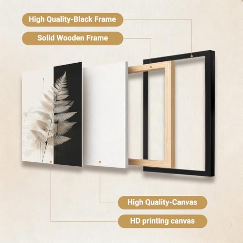 Framed Abstract Wall Art, Black and White Botanical Canvas Print | Neutral Fern Natural Minimalist Farmhouse Prints, Artwork for Bathroom, Living Room and Home Office, 16×20 Inch - color: Neutral Fern, size: 20"L x 16"W
