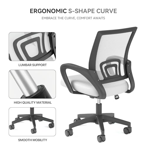 Office Chair, Ergonomic Mid-Back Mesh Desk Chair, White | Lumbar Support, Adjustable Height, Rolling Wheels, Comfy Armrest, For Work, Study, Gaming - color: White