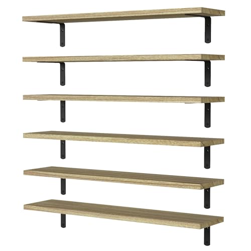 Wood Floating Shelves Set of 6, 24 inch Long Floating Shelves for Wall Decor, Farmhouse Shelf for Bedroom, Bathroom Storage Shelves, Book Shelves for Living Room - Rustic Brown - color: Rustic Brown, size: 24 Inch