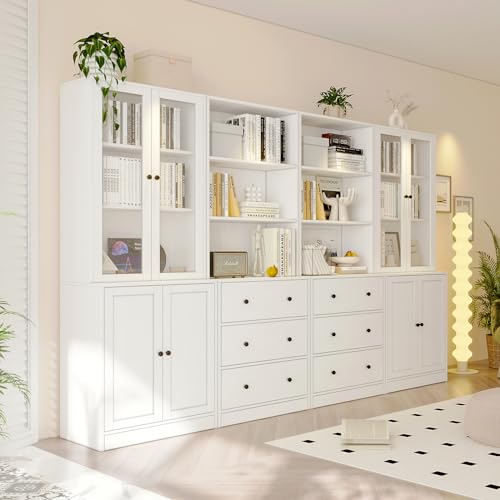 TUSY 71" H Bookcase with Storage | 6-Tier Modern Bookshelf with Drawers, Display Bookcase with Glass Doors, White Curio Cabinet for Home Office, Living Room - color: White
