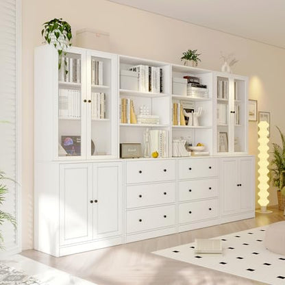 TUSY 71" H Bookcase with Storage | 6-Tier Modern Bookshelf with Drawers, Display Bookcase with Glass Doors, White Curio Cabinet for Home Office, Living Room - color: White