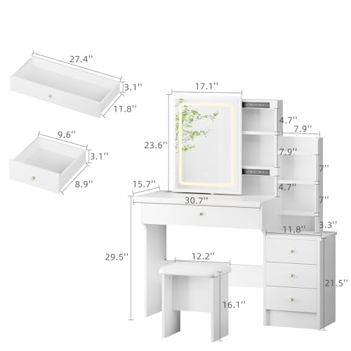 White Makeup Vanity Desk with Sliding Mirror & 4 Drawers | Smart LED Mirror, 3 Adjustable Lighting Modes, Vanity Chair, 4 Drawers, 7 Shelves, Dressing Table for Women, Girls - style: White with Slide mirror