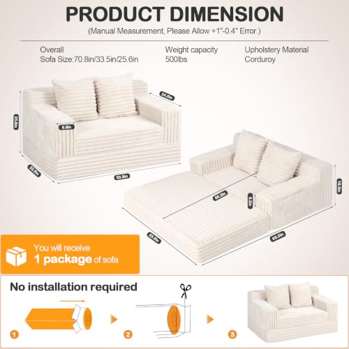 Erament Boneless Loveseat Convertible Sofa Bed, Folding Floor Futon Sleeper Sofa Couch Bed- Boneless Foldable Couch, Corduroy Pull Out Sofa Bed with 2 Pillows for Living Room & Bedroom - color: Beige, size: 54''(Lovesat Fur)