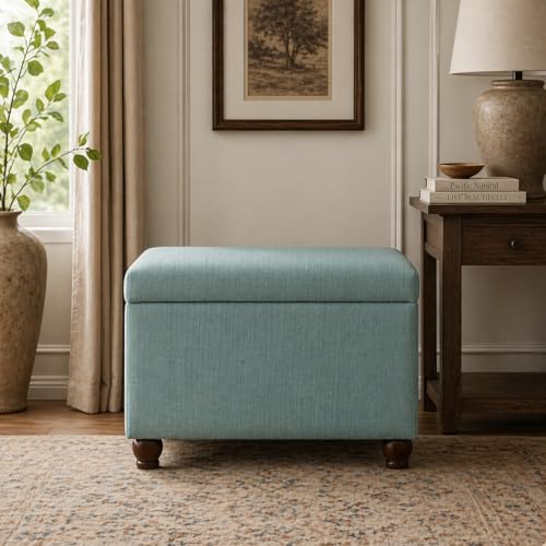 Spatial Order 22" Medium Rectangular Storage Ottoman - Aqua Linen - color: Aqua Linen