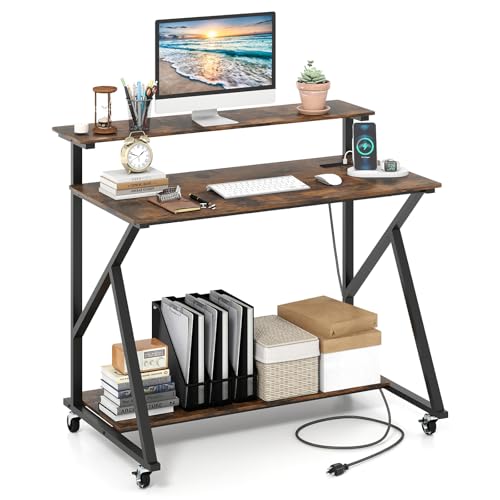 Giantex Rolling Computer Desk with Charging Station, Mobile Portable Laptop Desk with Monitor Stand & Storage Shelf, Small Desk with Lockable Wheels for Small Spaces, Home Office (Rustic Brown) - color: Rustic Brown, size: 26"D x 39.5"W