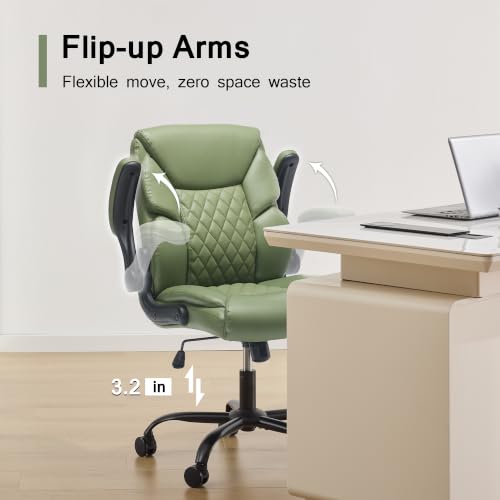 Leather Executive Office Chair - Comfy Green Desk Chair Small Space | Desk Chair with Mid Backrest,5 Wheels,Mid Backrest,Lumbar Support, Height Adjustable,home office reading Gaming Use - color: Green