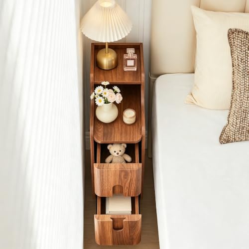 FurSch Narrow Nightstand, Wooden 2 Drawer, Walnut, 1 pc - color: Walnut 3-1 Pc