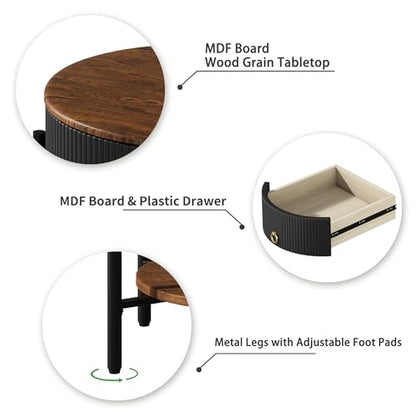 OIOG Wood Grain Side Table with Drawer, 2 Tier End Table, Black and Brown | Round Nightstand, Modern Side table, End Table with Storage, MDF Tabletop ang Shelf, For Living Room, Bedroom, Office, Dorm - color: Black