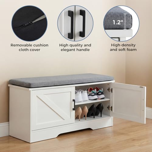 DUMOS Shoe Storage Bench, 39" Wide Shoe Organizer Cabinet with Padded Seat Cushion, 2 Doors, Adjustable Shelf for Entryway, Hallway, Bedroom, Living Room, White - size: 39 inches