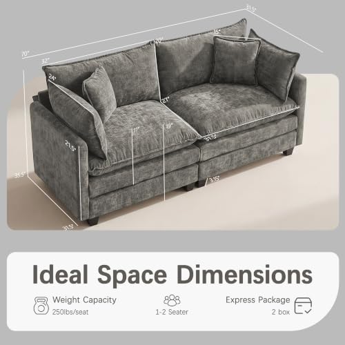 Oversized Loveseat Sofa, 70" Sectional Cloud Couch, 2 Seat Modern Comfy Sofa Chenille Deep Seat Couches with 2 Pillows, for Small Apartment, Living Room (Grey, 70" Loveseat) - color: Grey, size: 70" Loveseat