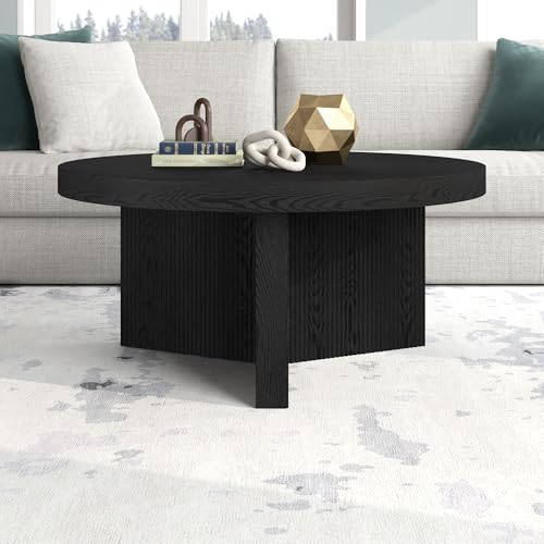 Henn&Hart 32" Scandinavian Fluted Coffee Table, Natural Black | Ribbed pedestal base and low profile bring Scandinavian style to small spaces including living rooms or family rooms - color: Natural Black, size: 32 inches