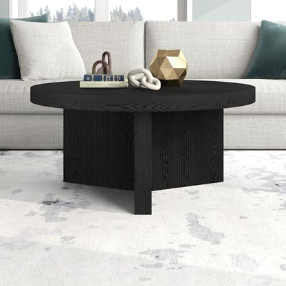 Henn&Hart 32" Scandinavian Fluted Coffee Table, Natural Black | Ribbed pedestal base and low profile bring Scandinavian style to small spaces including living rooms or family rooms - color: Natural Black, size: 32 inches
