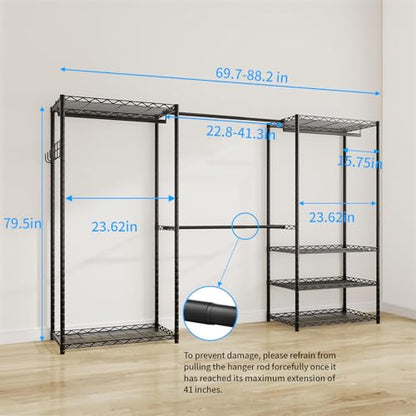 ecobedding Heavy Duty Garment Rack, 900LBS Max Load Freestanding Closet Organizer with 6 Storage Shelves & 3 Adjustable Hanging Rods, Multifunctional (Black, 15.75" D x (69.7~88.2)" W x 79.5" H)