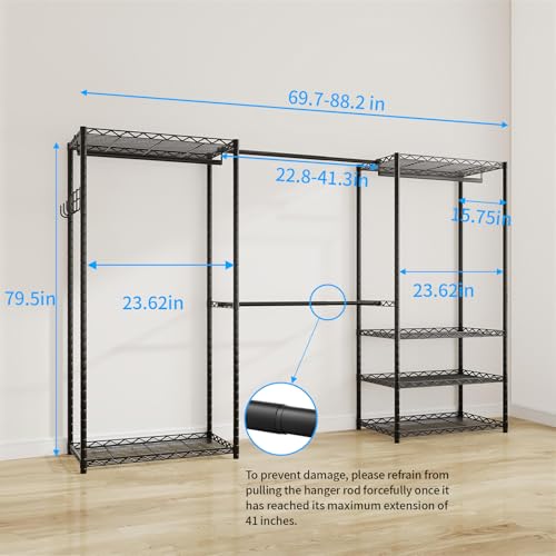 ecobedding Heavy Duty Garment Rack, 900LBS Max Load Freestanding Closet Organizer with 6 Storage Shelves & 3 Adjustable Hanging Rods, Multifunctional (Black, 15.75" D x (69.7~88.2)" W x 79.5" H)