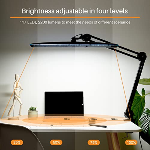 23-Inch LED Task Lamp with Clamp, 24W 2200LM, Black | 117 SMD LEDs with 4 brightness levels provide eye-caring lighting for reading, crafting, office work, and study - color: Black