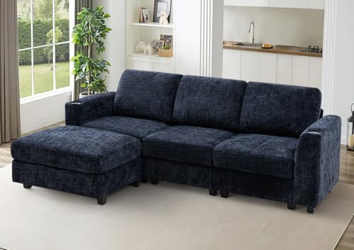 87" Chenille L-Shape Sectional Sofa with Cup Holders, Blue | Convertible 3 Seater Couch with Removable Ottoman, Upholstered Sofa with Thickened Seat Cushion for Living Room, House - color: Blue, size: 87" L-Shape
