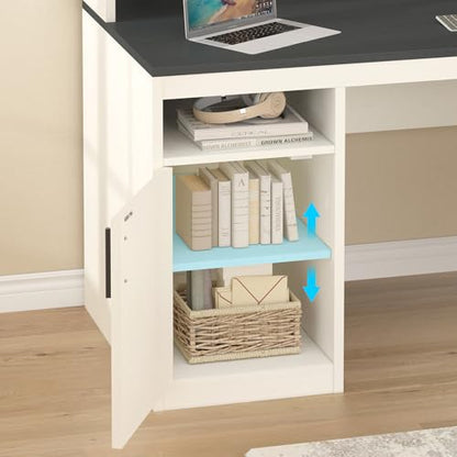 65" Computer Desk with 3 Drawers & Printer Shelf for Home Office | Office Desk with Printer Shelf & File Drawer, Executive Desk Writing Study Table with Monitor Stand, Black & White - color: Black & White