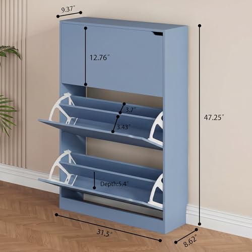 Shoe Storage Cabinet, Wood Shoe Organizer for Entryway with 3 Flip Drawers, Freestanding Shoe Rack with Adjustable Shelf, Narrow Shoe Dresser for Front Door Entrance (Blue, Standard 3 Drawers) - color: Blue, size: Regular 3 Drawers