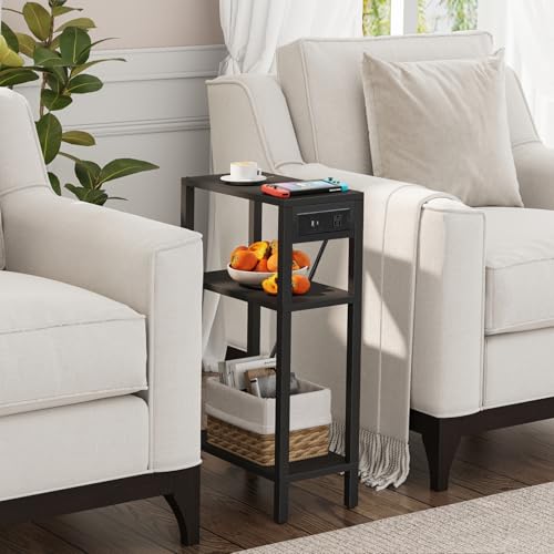 TUTOTAK Narrow Side Table, 3-Tier Small End Table with Charging Station | Skinny Sofa Table, Slim Nightstand, Easy Assembly for Living Room, Bedroom, Black TB01BK079 - color: Black, size: 3-tier