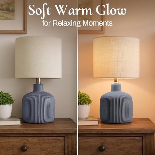 Ceramic Table Lamp, 17.75" Nautical Bedside Lamp with Beige Linen Shade, Warm Ambient Nightstand Lighting for Beach House, Navy Blue - color: Blue
