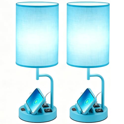 Dreamholder 2 Pack Table Lamp, Bedside Lamp with 3 USB Charging Ports & AC Outlet, USB Desk Lamp with 2 Phone Holders, Linen Fabric Shade Nightstand Lamps for Bedroom Living Room Office, Lake Blue - color: Lake Blue