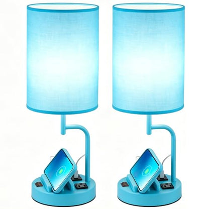 Dreamholder 2 Pack Table Lamp, Bedside Lamp with 3 USB Charging Ports & AC Outlet, USB Desk Lamp with 2 Phone Holders, Linen Fabric Shade Nightstand Lamps for Bedroom Living Room Office, Lake Blue - color: Lake Blue
