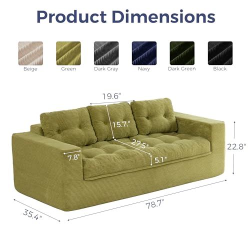 MAXYOYO 79" Boneless Sofa Couch, Cloud Couch Floor Loveseat for Small Space with Pillows, Tufted Floor Sofa with Layered Cushion for Apartment & Lounge, No Assembly Required, Green - color: Puffinest Style Green, size: 79" Loveseat