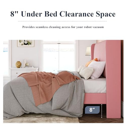 Allewie Full Size Velvet Bed Frame/Vertical Channel Tufted Wingback Headboard/Upholstered Platform Bed/Strong Wooden Slats/No Box Spring Needed/Easy Assembly/Pink - color: Pink, size: Full