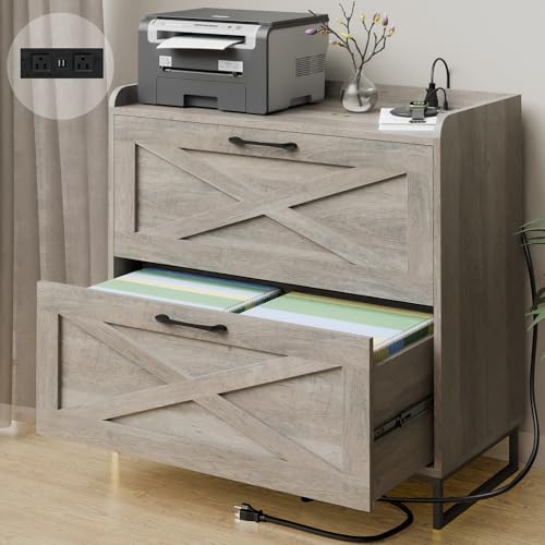 Vabches 2 Drawer Lateral File Cabinet with Charging Station, Washed Gray | Modern Farmhouse Large Wood File Storage Cabinet for Legal/Letter/A4 Size Hanging Files,Printer Stand for Home Office - color: Washed Gray