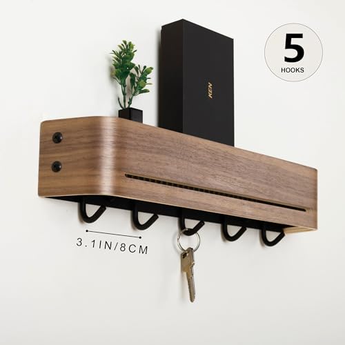Key Holder Wall Mount with Shelf | 17 inch | Walnut | 5 Retractable Hooks | Modern Wall Key Hooks | Minimalist | Space-Saving | Wooden Key Rack for Entryway & Hallway - color: Walnut