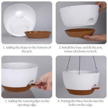 TYMENSH Hanging Plant Pots 12 Inch Set of 2, Self Watering Hanging Planters with Drainage Holes, Removable Saucer, Durable Plastic Flower Pots with Chains for Indoor Outdoor Plants, White - color: White