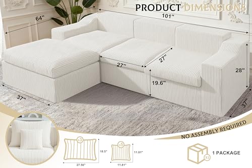 101" Modular Couch Sectionals with Ottoman, Big Comfy Cloud Couches, L Shaped 4 Seat Modular Sectional Sofa, Sectional Double Cushion Couches with Deep Seat for Living Room,No Assembly Required(Beige) - color: Corduroy Beige, size: 101" Couch with Ottoman