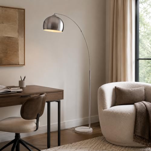 Teamson Home Arquer 68.1" Arc Floor Lamp for Living Rooms, Home Offices, Dining Rooms, Bedrooms with Faux White Marble Base and Nickel Bell Shade - color: Nickle Shade / White Marble Base
