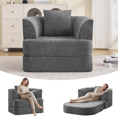 HUBSON 2-in-1 Folding Sofa Bed, Chenille Convertible Single Sleeper Chair Bed, Modern Boneless Foldable Couch, High-Density Foam Lounge Chair for Living Room, Bedroom, No Assembly Required, Dark Grey - color: Dark Grey