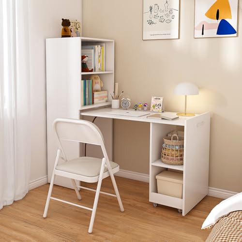 HRVEOCEI Bamboo Fold Out Desk with Storage, Mid Century Hideaway Desk for Small Spaces, Folding Computer Desk for Home Office Bedroom Apartment, Space Saving (White) - color: White