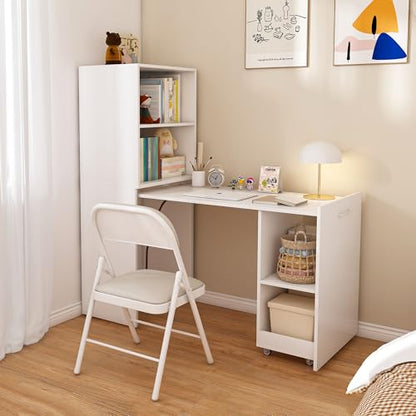 HRVEOCEI Bamboo Fold Out Desk with Storage, Mid Century Hideaway Desk for Small Spaces, Folding Computer Desk for Home Office Bedroom Apartment, Space Saving (White) - color: White