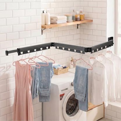 Gray Clothes Drying Rack Wall Mount, Tri-Fold Retractable Laundry Drying Rack, Space Saving Laundry Drying Rack Collapsible